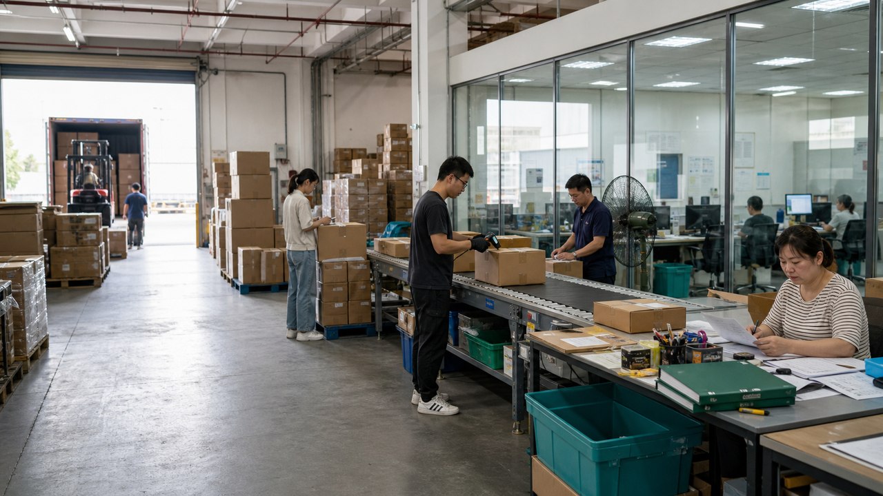 Illustrative warehouse receiving and ecommerce operations scene.